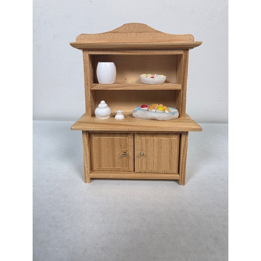 Vintage Dollhouse Miniature Wooden Kitchen Hutch and Cupboard with Dishes 1:12